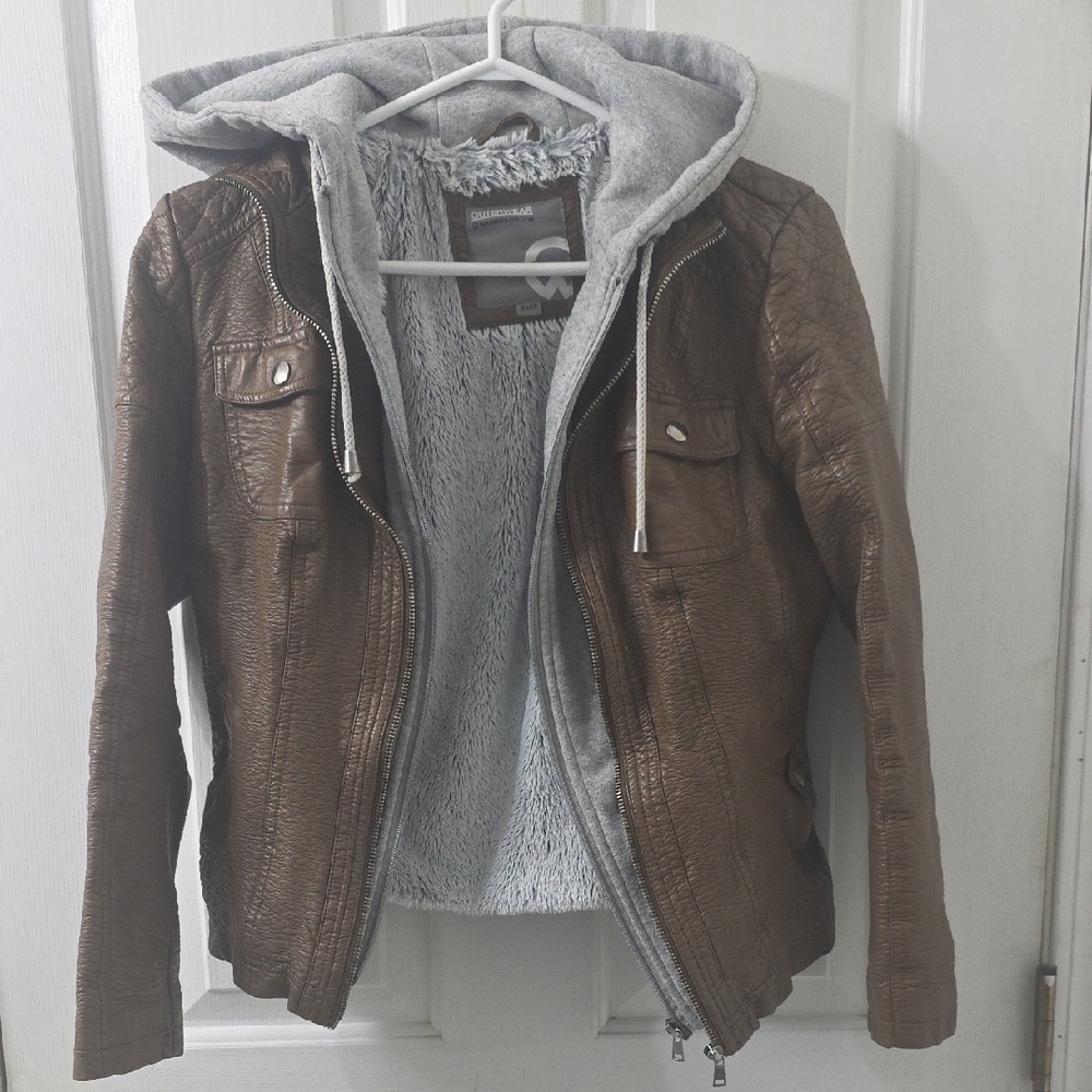 Brown Leather Jacket with Gray Hoodie